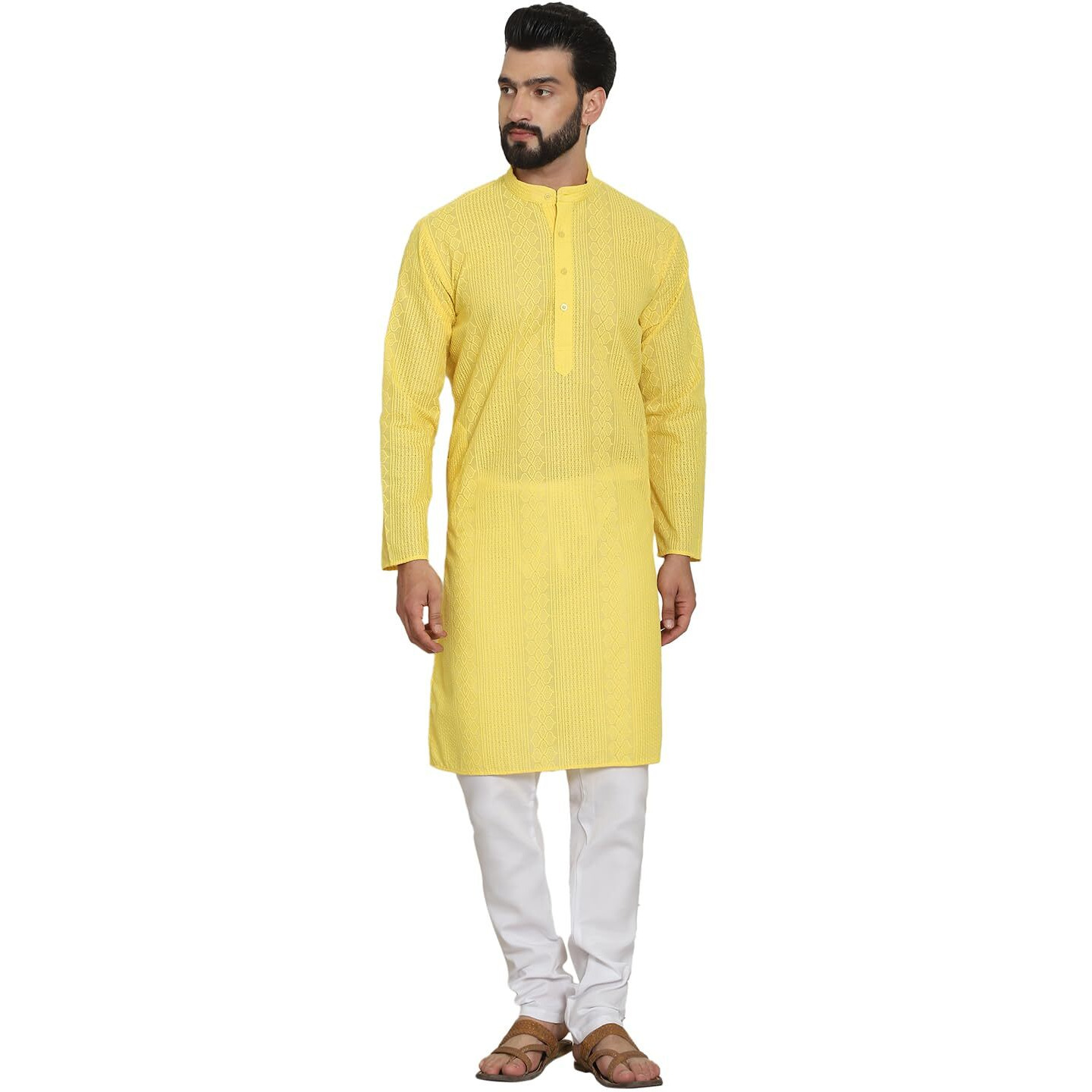 Sojanya (Since 1958 Mens Cotton Thread Embroidered Yellow Kurta With White Churidaar Pyjama