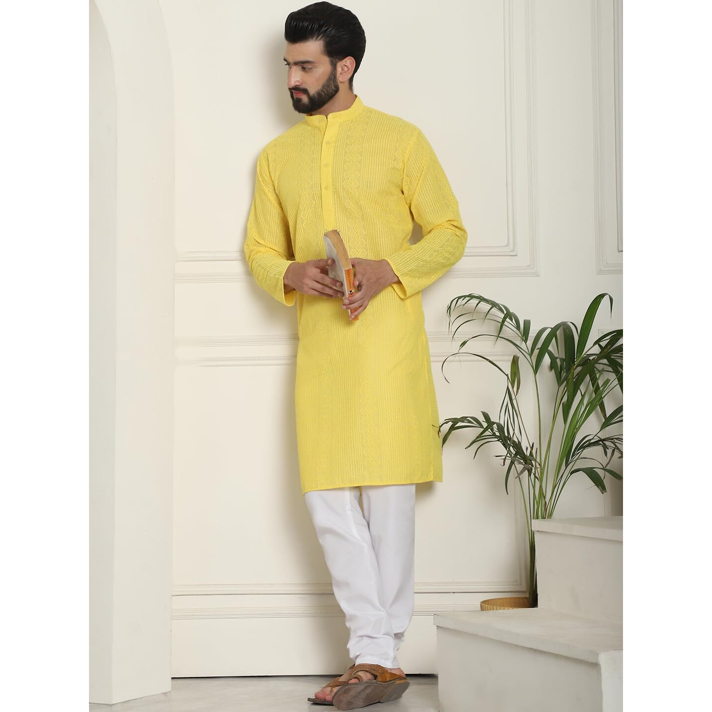 Sojanya (Since 1958 Mens Cotton Thread Embroidered Yellow Kurta With White Churidaar Pyjama