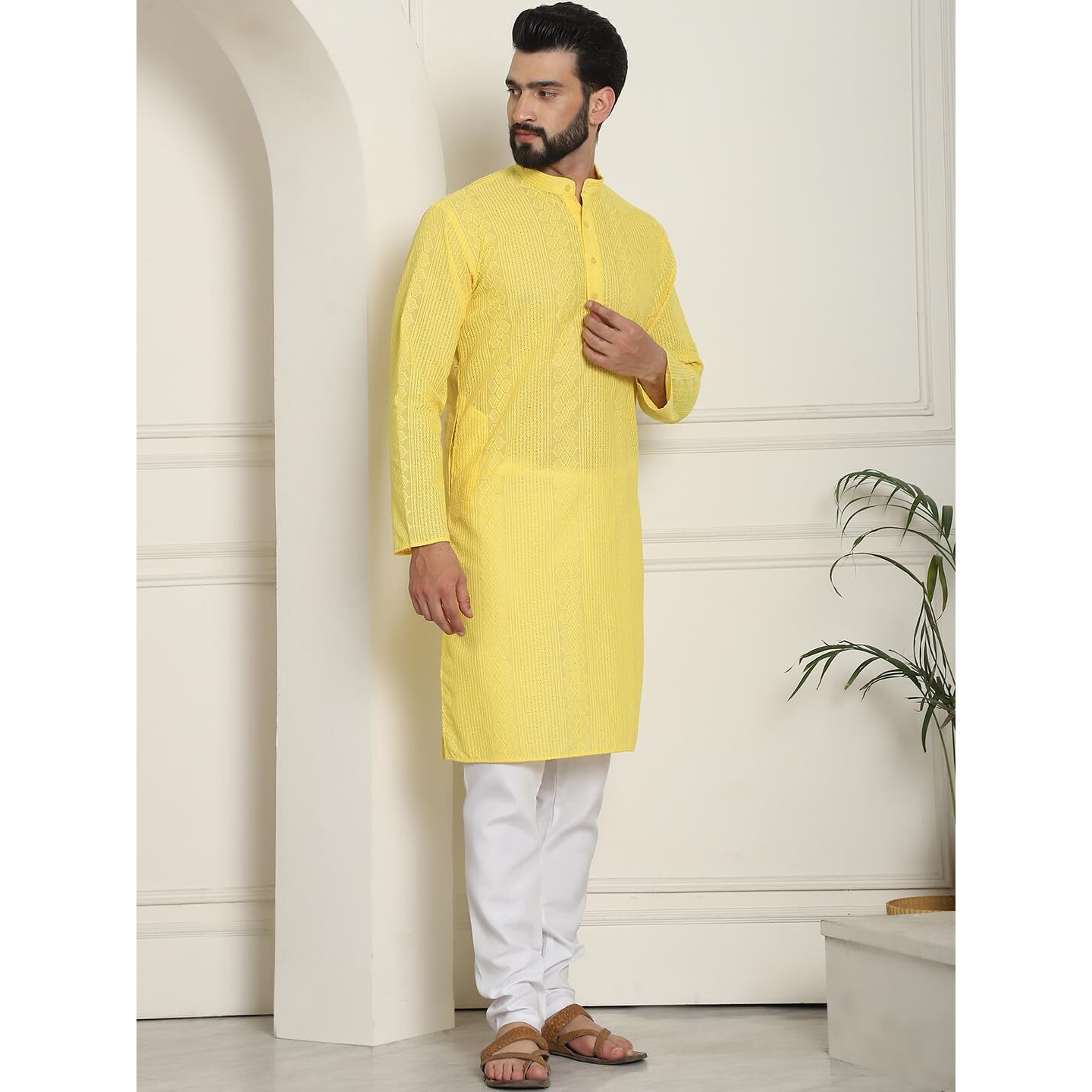 Sojanya (Since 1958 Mens Cotton Thread Embroidered Yellow Kurta With White Churidaar Pyjama