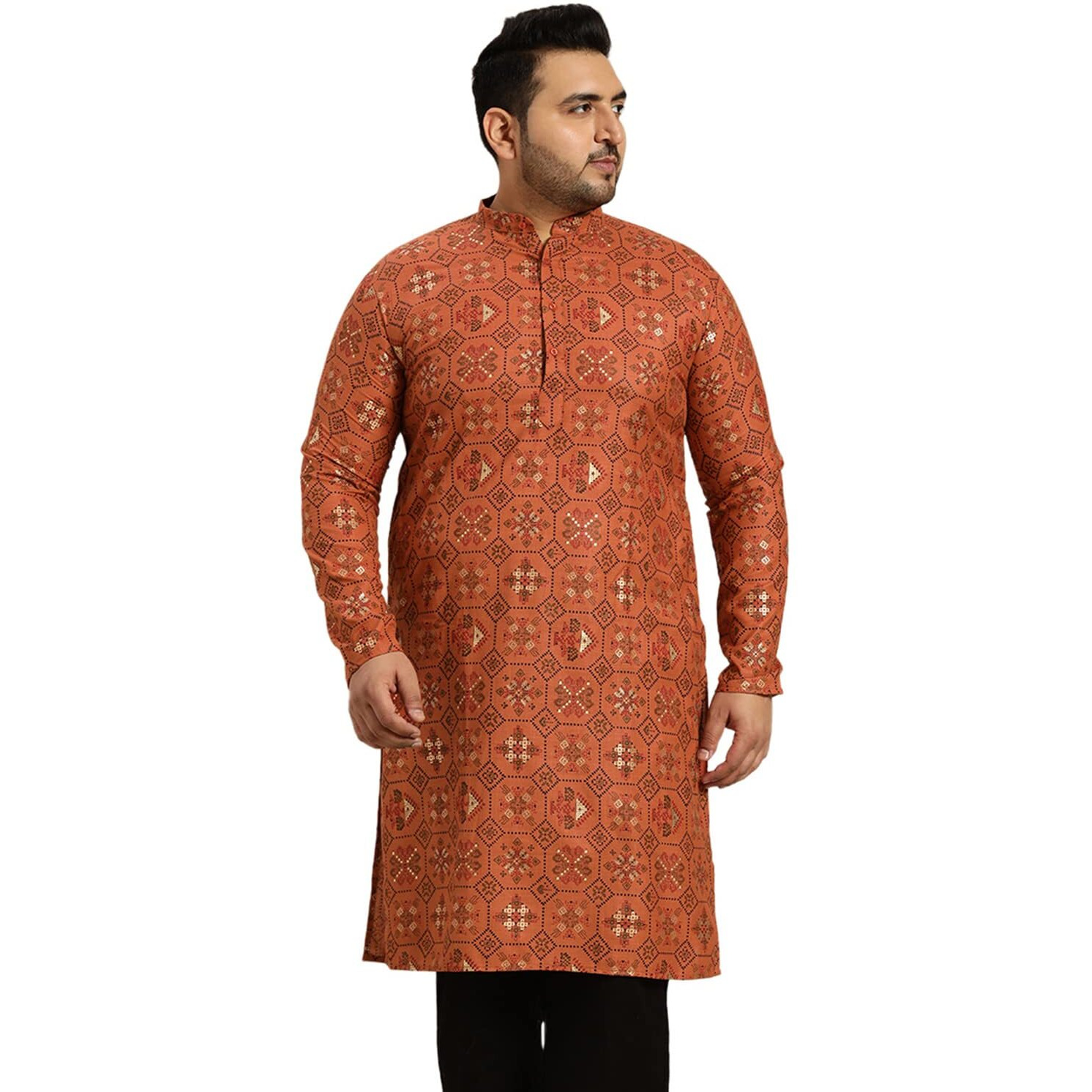 Sojanya Plus (Since 1958) Mens Cotton Linen Orange And Multi Printed Only Long Kurta