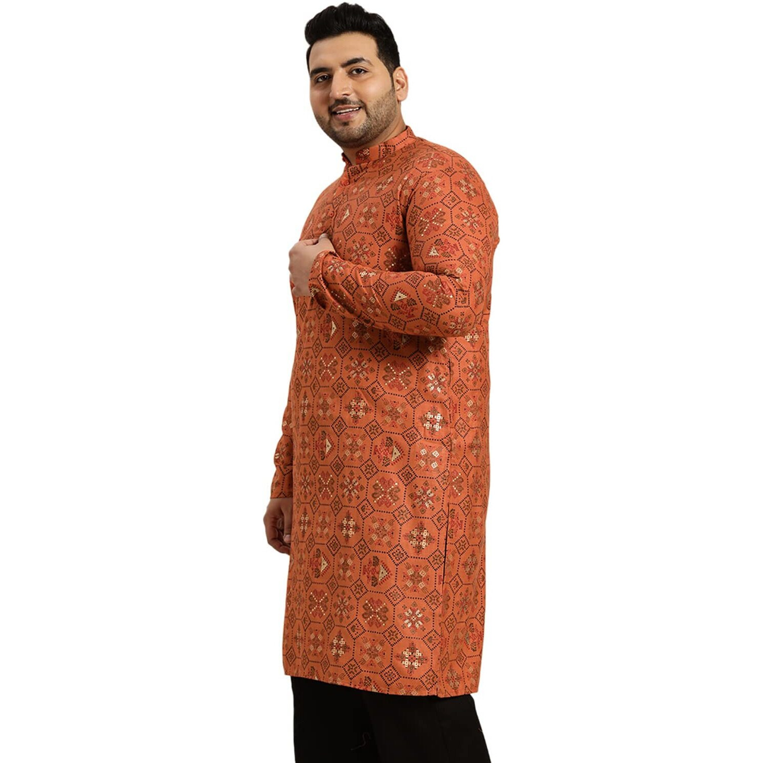 Sojanya Plus (Since 1958) Mens Cotton Linen Orange And Multi Printed Only Long Kurta