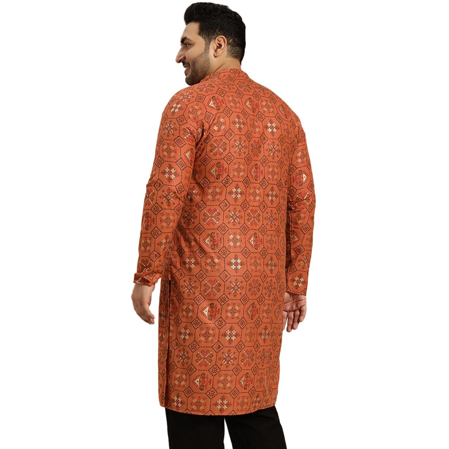 Sojanya Plus (Since 1958) Mens Cotton Linen Orange And Multi Printed Only Long Kurta