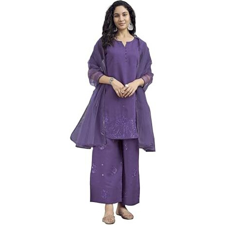 Womanista Womens Silk Blend Solid Regular Curved Kurta With Pant & Dupatta (Kurtaset_1435_Purple