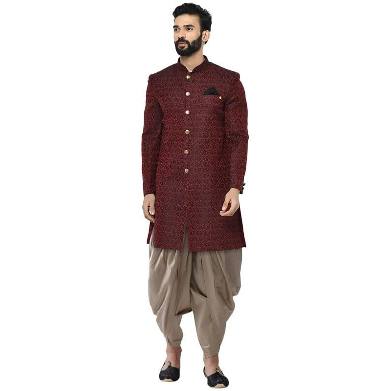 Kisah Men's Indo-Western Sherwani Dhoti Set, Maroon Silk Blend, Jacquard Regular Fit Mandarin Collar Long Sleeves (44)