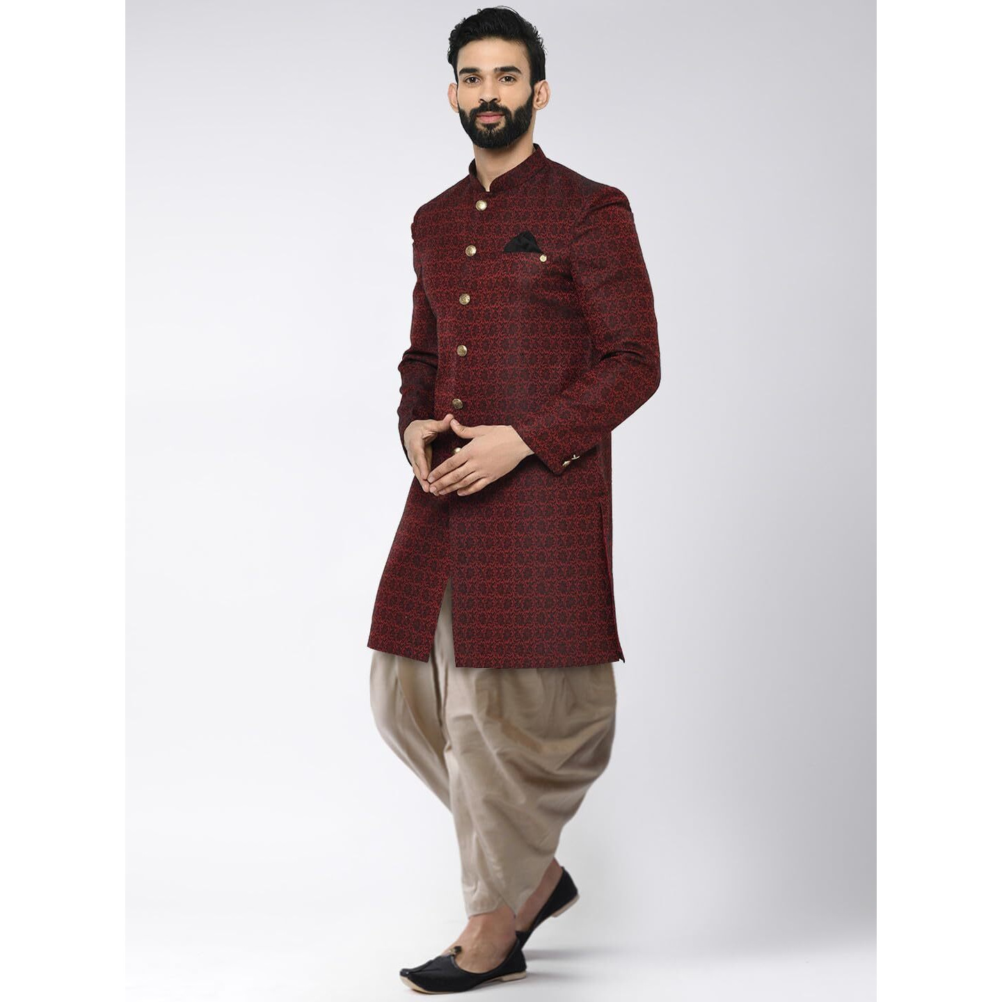 Kisah Men's Indo-Western Sherwani Dhoti Set, Maroon Silk Blend, Jacquard Regular Fit Mandarin Collar Long Sleeves (44)