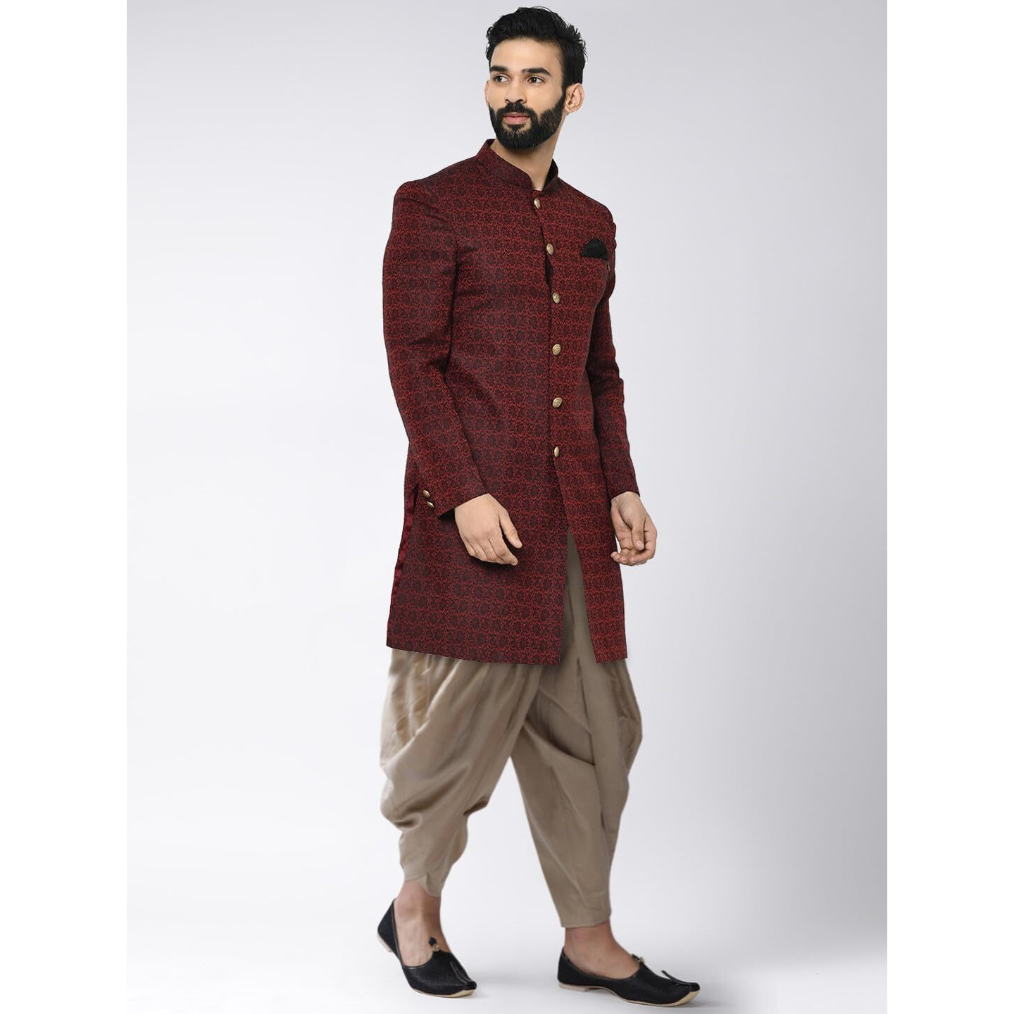 Kisah Men's Indo-Western Sherwani Dhoti Set, Maroon Silk Blend, Jacquard Regular Fit Mandarin Collar Long Sleeves (44)