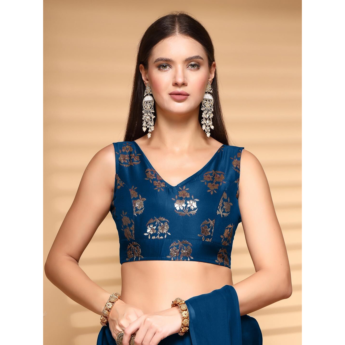 Oomph Readymade Blouse For Women, Brocade, Sleeveless, V-Neck, Rbbl674