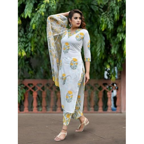 Pinkmint Women's Hevy Cotton Blend White Kurta Set L Stitched Printed Dupatta Set L Stylish Women Festival Dress (Pack Of 1)