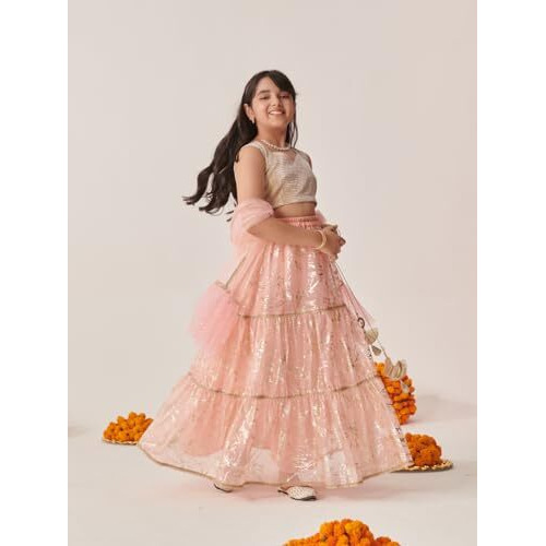 Pspeaches Girl's Silk Blend 1 Lehenga, 1 Choli, 1 Dupatta (L-Peachshimmari-15- Peach_15-16Y)