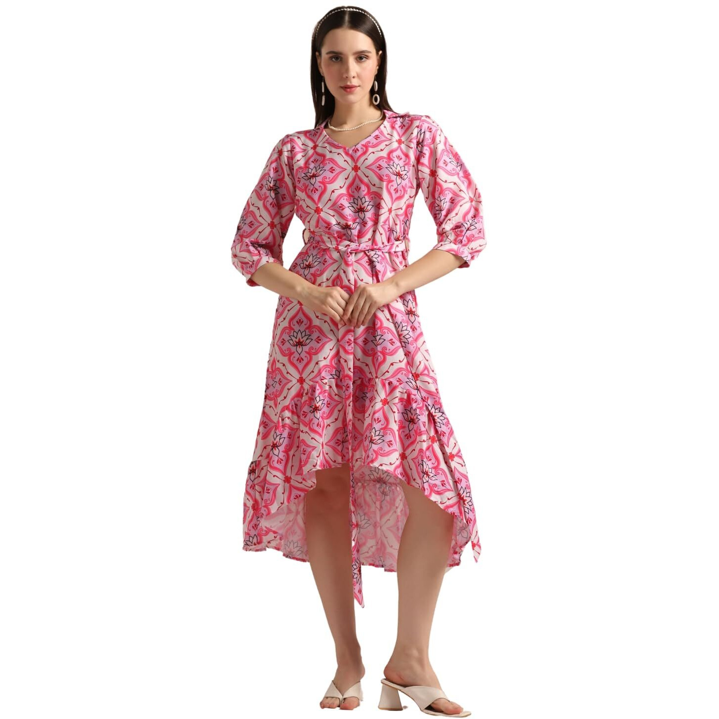 Dhruvi Trendz Womens Slub Rayon Women Western Dresses Regular Fit Dt-Wd1131 (Dt-Wd1131_Pink_Xl)