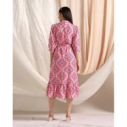 Dhruvi Trendz Womens Slub Rayon Women Western Dresses Regular Fit Dt-Wd1131 (Dt-Wd1131_Pink_Xl)