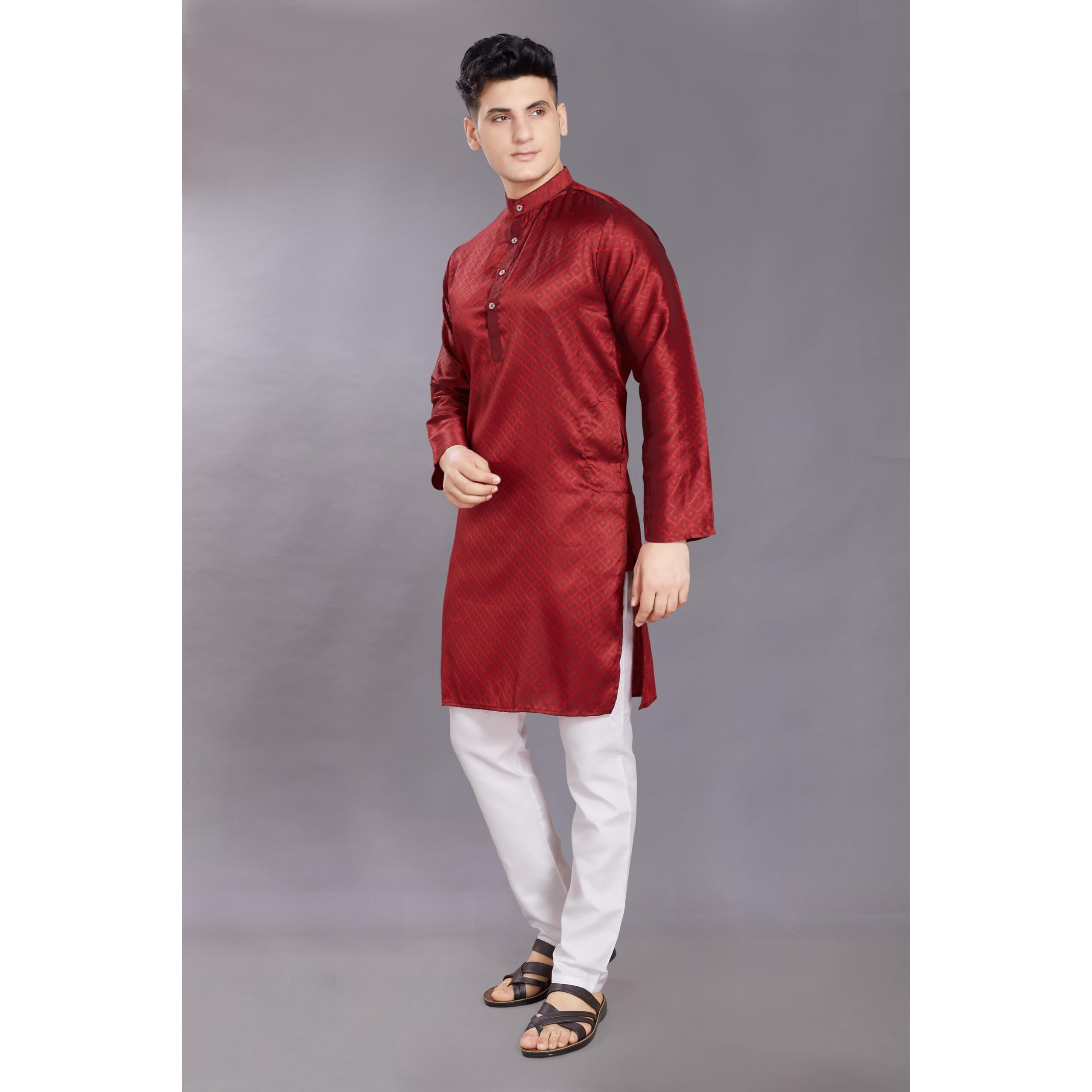 Divisive Men's Self Woven Jequard Art Silk Slim Fit Only Kurta (Dkrt408_Xl_Maroon)