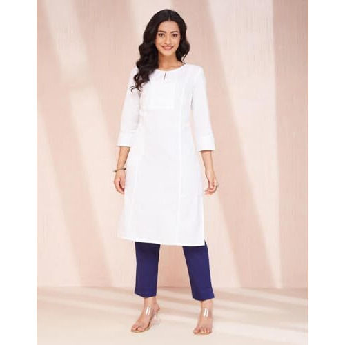 Fabindia Women's Cotton Solid Slim Kurta (1037262White_White