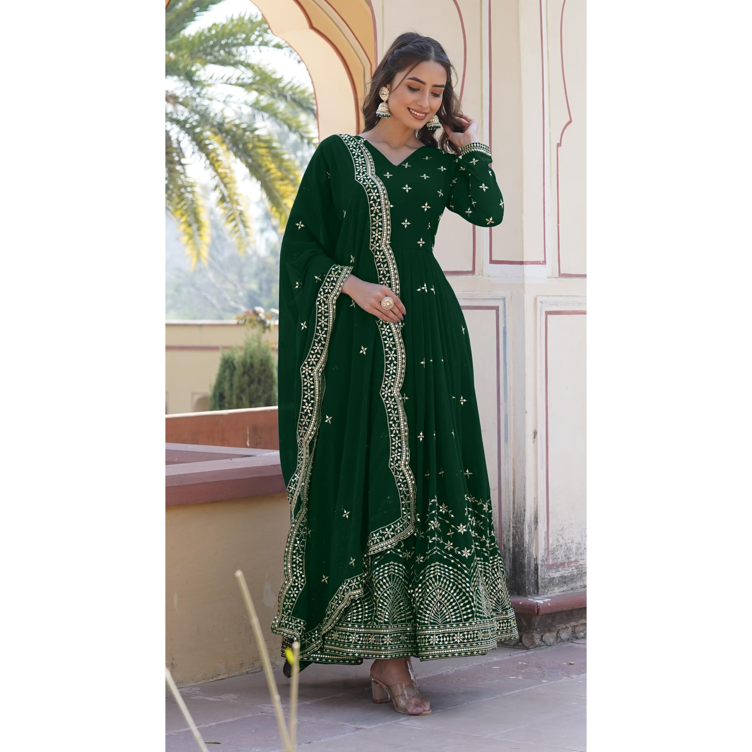 Fashion Basket Faux Georgette Sequins Anarkali Dress For Women (In, Alpha, L, Regular, Green)