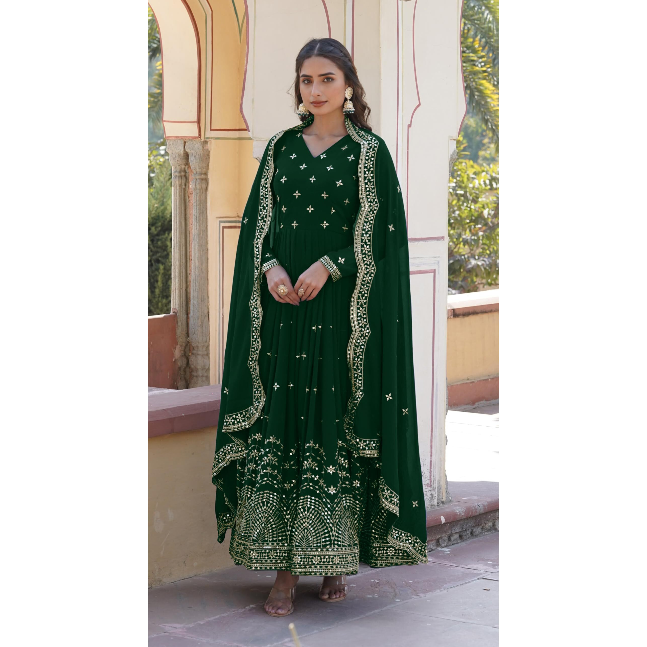 Fashion Basket Faux Georgette Sequins Anarkali Dress For Women (In, Alpha, L, Regular, Green)
