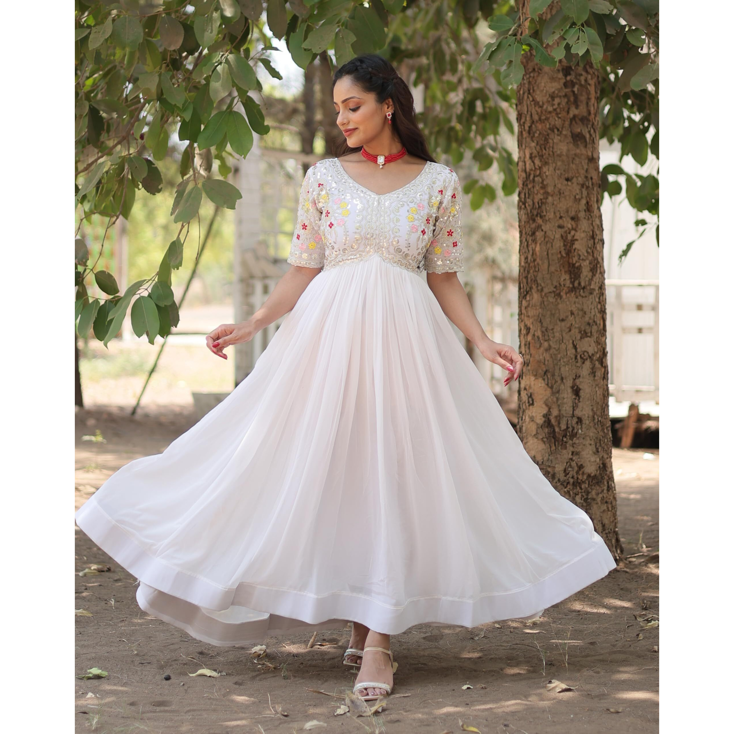Fashion Basket Women's Georgette Anarkali Gown White