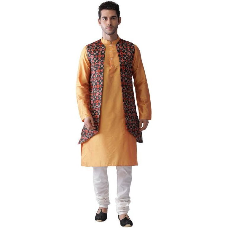 Kisah Mens Kurta Jacket Churidar Set, Multi Cotton Blend, Regular Fit Printed Mandarin Collar Long Sleeves (38)