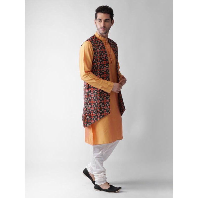 Kisah Mens Kurta Jacket Churidar Set, Multi Cotton Blend, Regular Fit Printed Mandarin Collar Long Sleeves (38)