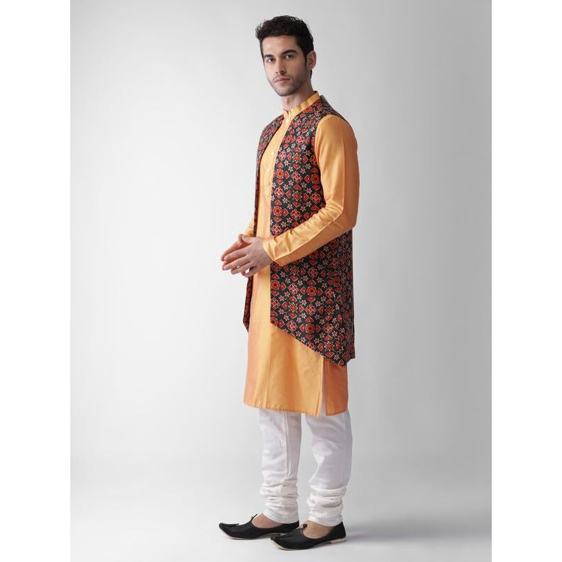 Kisah Mens Kurta Jacket Churidar Set, Multi Cotton Blend, Regular Fit Printed Mandarin Collar Long Sleeves (38)