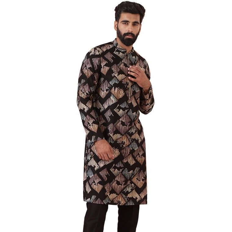 Kisah Mens Kurta|Blended Fabric Printed Pattern Mens Ethnic Wear|Regular Fit Wedding Kurta For Men Mandarin Collar Long Sleeves, Black, 42