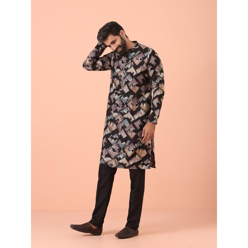 Kisah Mens Kurta|Blended Fabric Printed Pattern Mens Ethnic Wear|Regular Fit Wedding Kurta For Men Mandarin Collar Long Sleeves, Black, 42