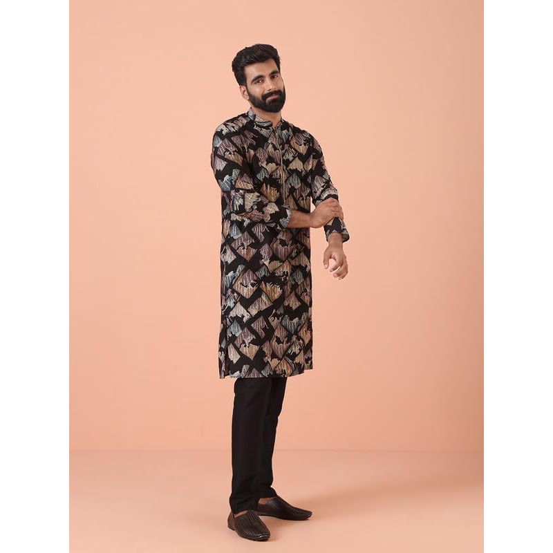 Kisah Mens Kurta|Blended Fabric Printed Pattern Mens Ethnic Wear|Regular Fit Wedding Kurta For Men Mandarin Collar Long Sleeves, Black, 42