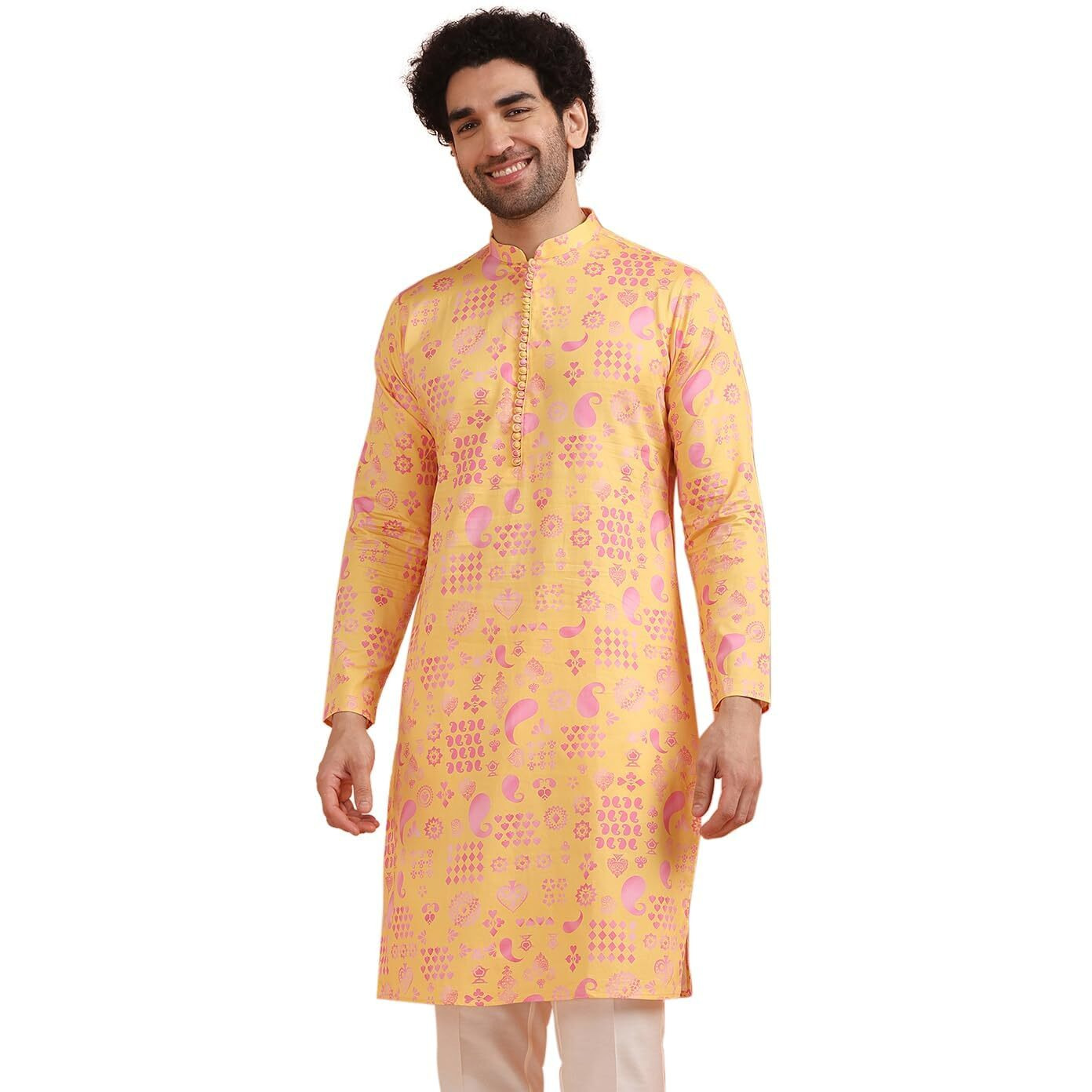Kisah Mens Kurta, Yellow Blended, Paisley Regular Fit Mandarin Collar Long Sleeves (Xl)