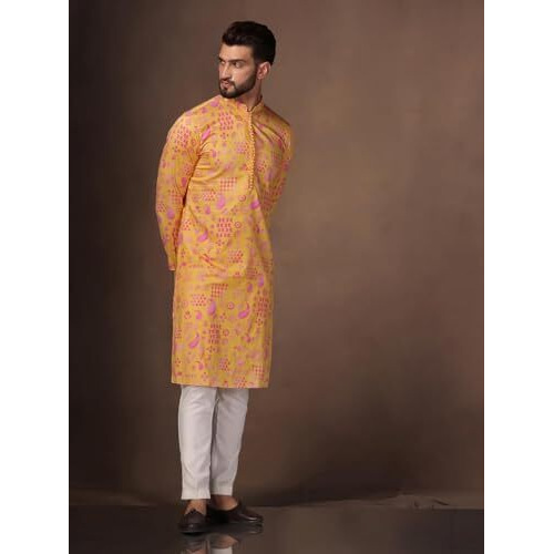 Kisah Mens Kurta, Yellow Blended, Paisley Regular Fit Mandarin Collar Long Sleeves (Xl)