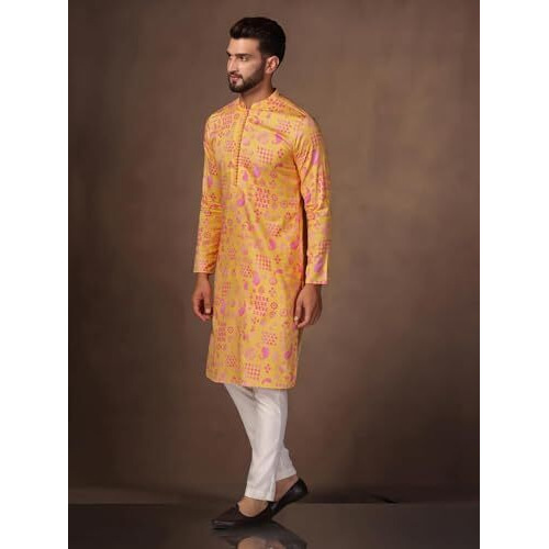 Kisah Mens Kurta, Yellow Blended, Paisley Regular Fit Mandarin Collar Long Sleeves (Xl)
