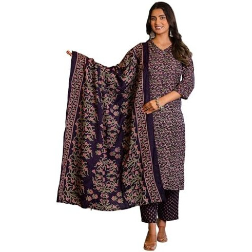 Sanisa Womens Cotton Floral Printed Straight Kurta With Pant And Dupatta Set (227Kbd2401N-Xxl_Dark Purple & Dusty Pink & Green)