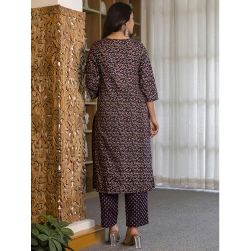 Sanisa Womens Cotton Floral Printed Straight Kurta With Pant And Dupatta Set (227Kbd2401N-Xxl_Dark Purple & Dusty Pink & Green)