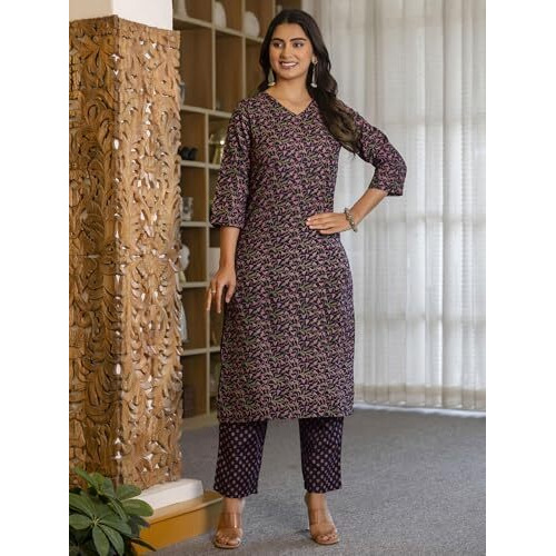 Sanisa Womens Cotton Floral Printed Straight Kurta With Pant And Dupatta Set (227Kbd2401N-Xxl_Dark Purple & Dusty Pink & Green)