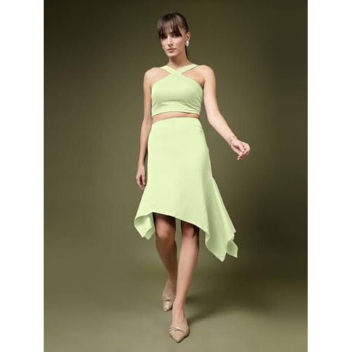Oomph Stretchable Lycra Coord Tube Top And A-Line Skirt Set For Women, Green - Coord_Mt949Msk234