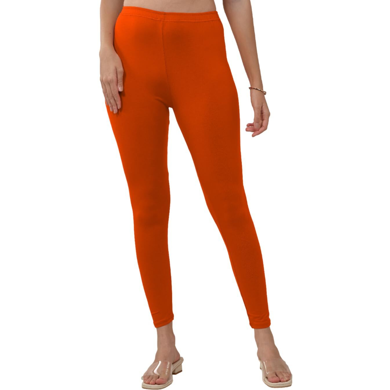 Lyra Women Solid Premium Cotton Orange Ankle Length Leggings | Mid-Waist | Fashionwear