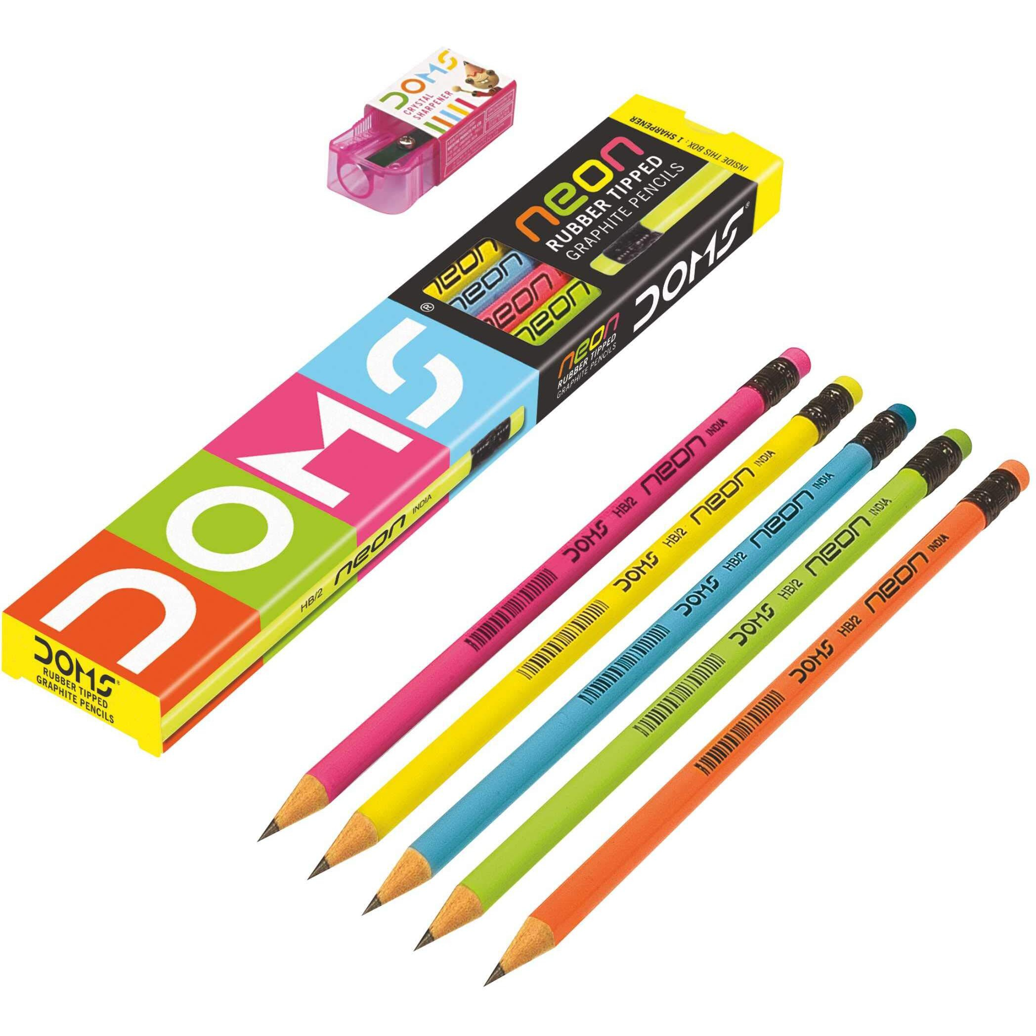 DOMS Neon Rubber Tipped HB/2 Graphite Pencils Box Pack | Non-Toxic | Free Sharpner Inside The Box | Easy & Smooth Sharpening | Pack Of 10 Pencils