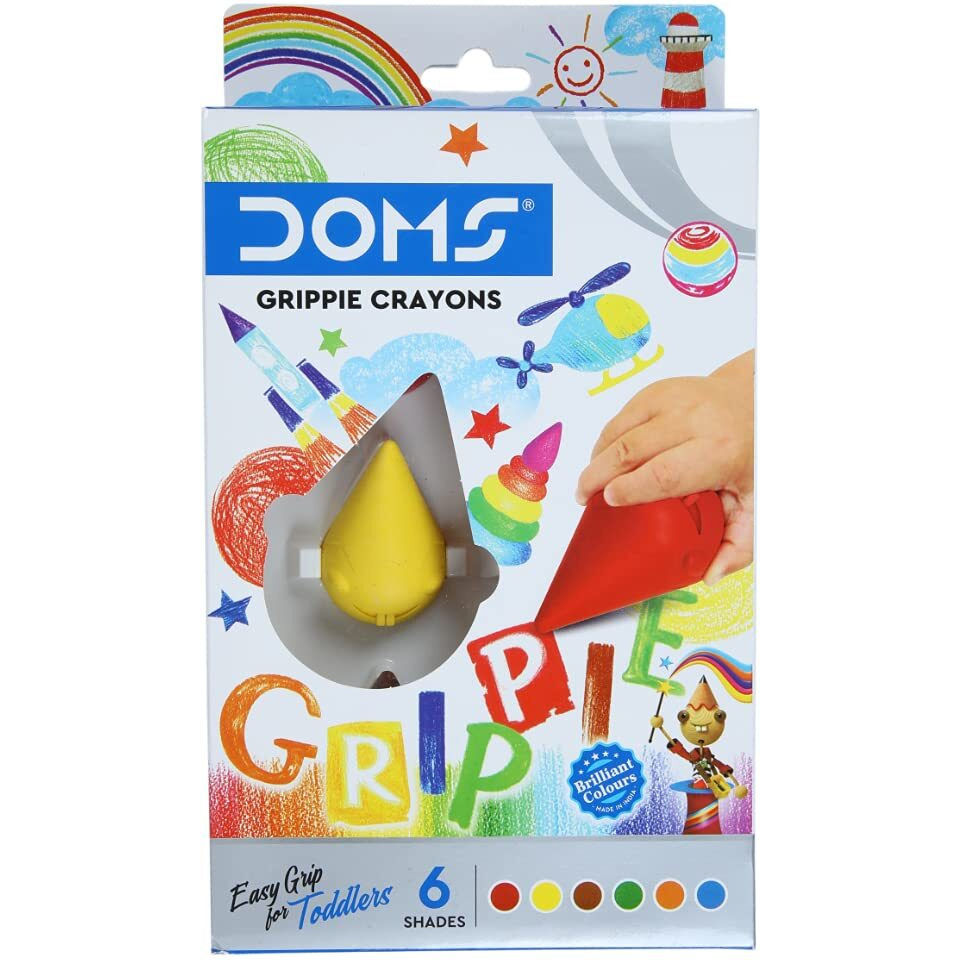 Doms 6 Shades Grippie Crayons Box Pack | Easy Grip For Toddlers | Bright & Intense Colors | Non Toxic Colouring Range, Safe For Children | Pack of 1