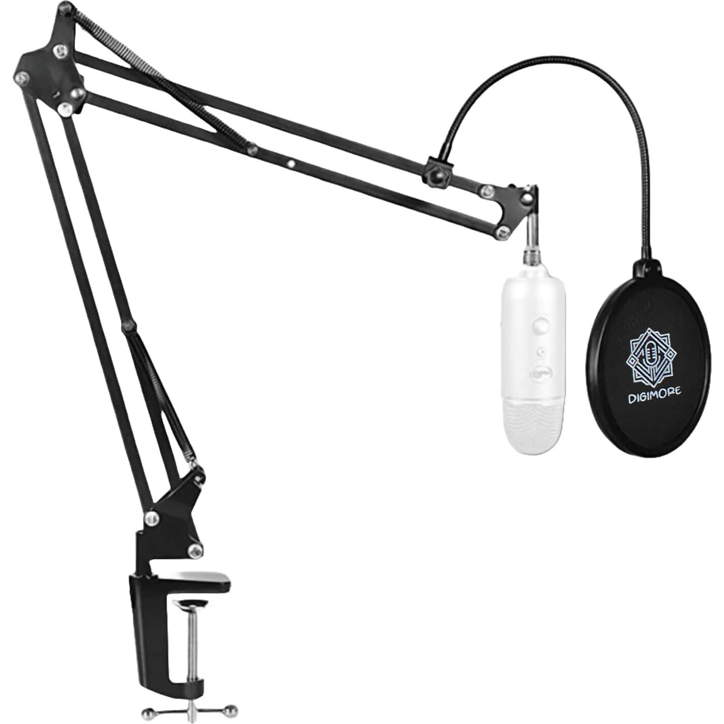 DIGIMORE D-110 Microphone Arm Stand, Adjustable Suspension Boom Scissor Mic Stand with | Pop Filter | Mic Clip | Upgraded Heavy Duty Clamp for Hyperx, Blue Yeti, Rode, Elgato