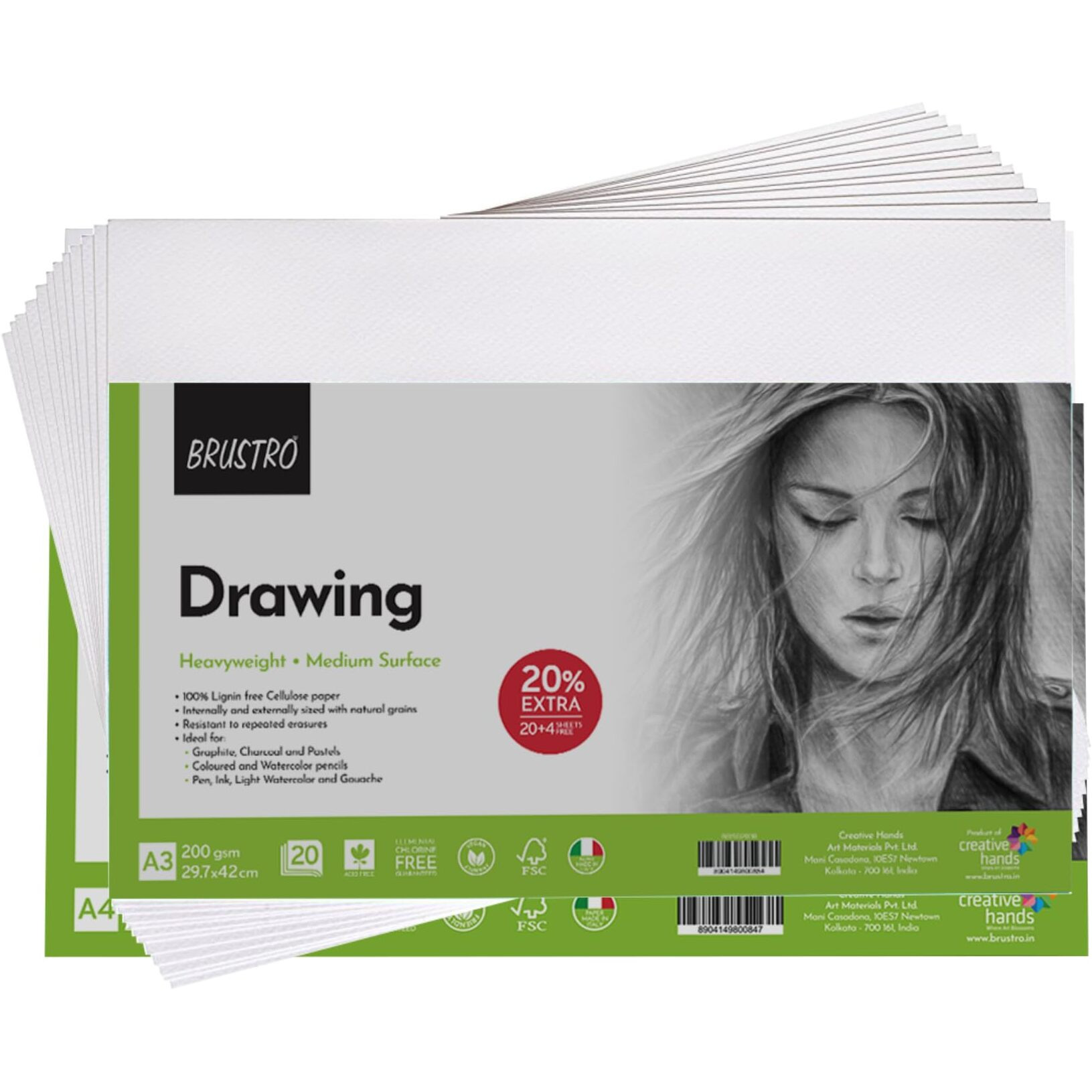 Brustro Drawing Papers 200 GSM A3, Pack of 20 + 4 Free Sheets