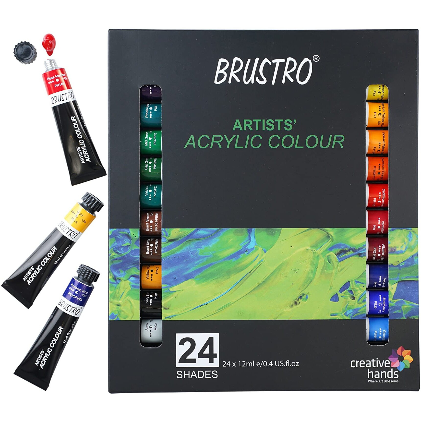 BRUSTRO Acrylic Paint colour set | Set of 24 Colours X 12ml Tubes | Highly pigmented, Opaque Colors, Intermixable, Great Opacity, Perfect For Students, Adults, Beginners, Professionals and Artists.
