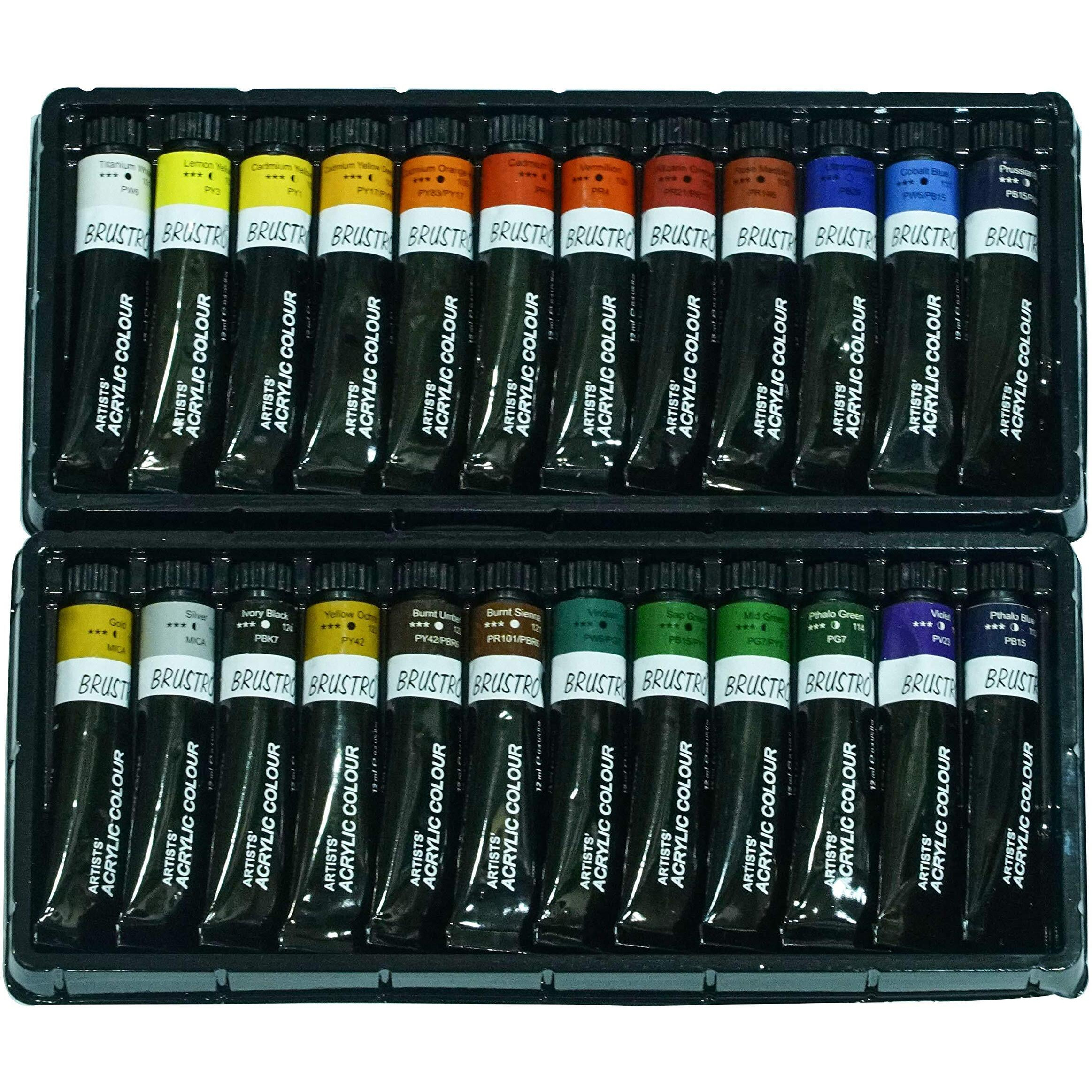 BRUSTRO Acrylic Paint colour set | Set of 24 Colours X 12ml Tubes | Highly pigmented, Opaque Colors, Intermixable, Great Opacity, Perfect For Students, Adults, Beginners, Professionals and Artists.