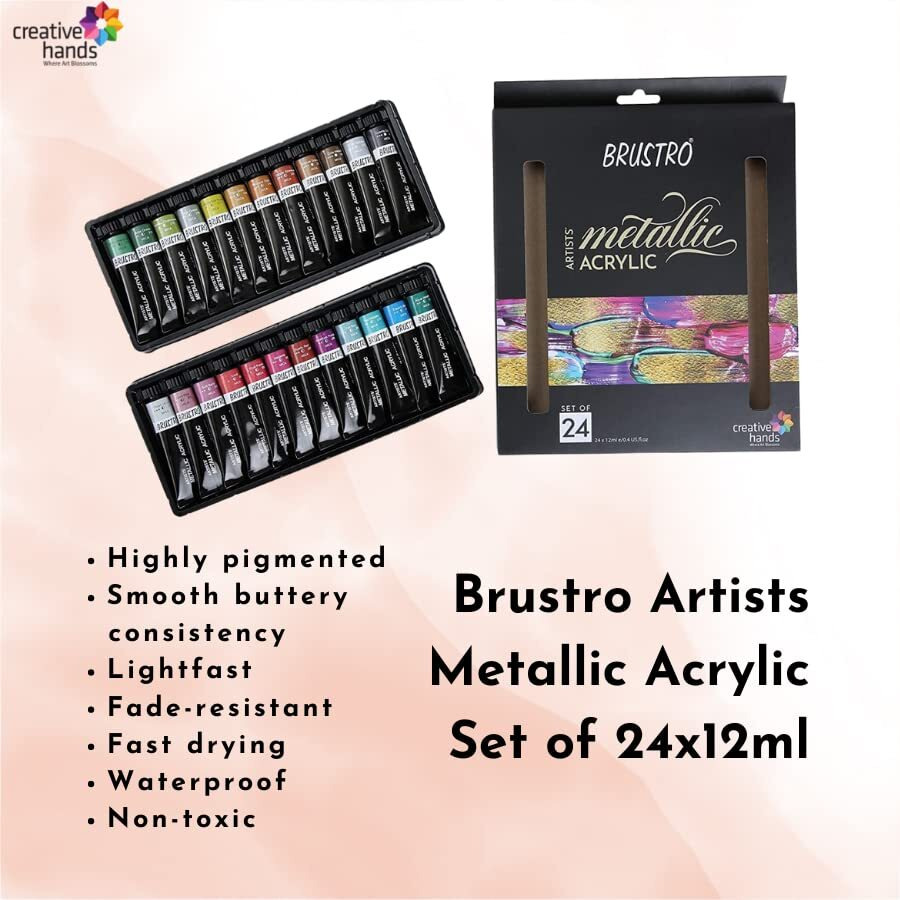 BRUSTRO Artists Metallic Acrylic Paint Set of 24x12ml | Ideal for Paper, Canvas, Water-Based Colours, Non-Toxic, Inter-mixable Colors, Crafters, Fine Art Students and Professionals