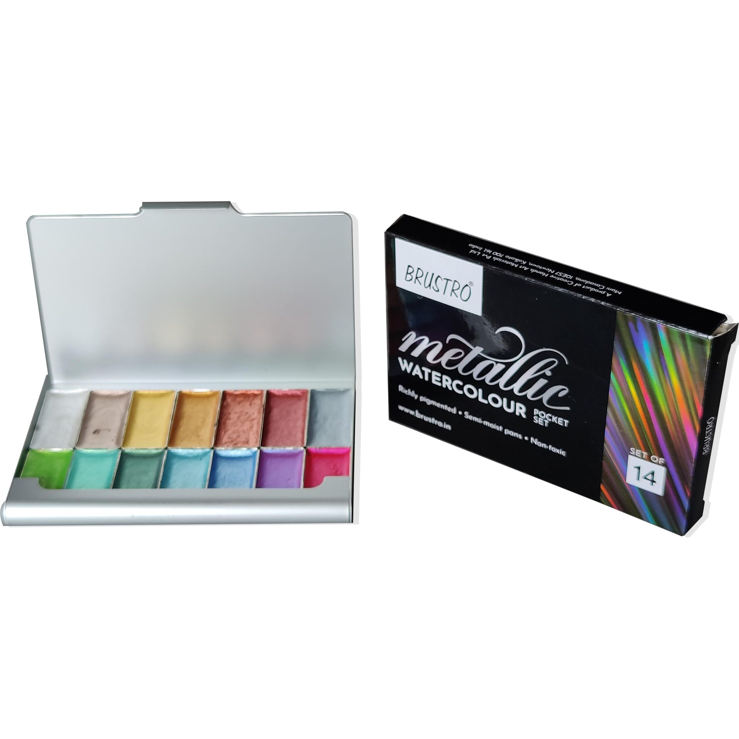 BRUSTRO Artists Metallic Watercolour Pocket Set of 14 Half Pans | Richly Pigmented, Semi Moist Pans, Ideal for Still life, Portrait, Landscape, Watercolour Paintings.