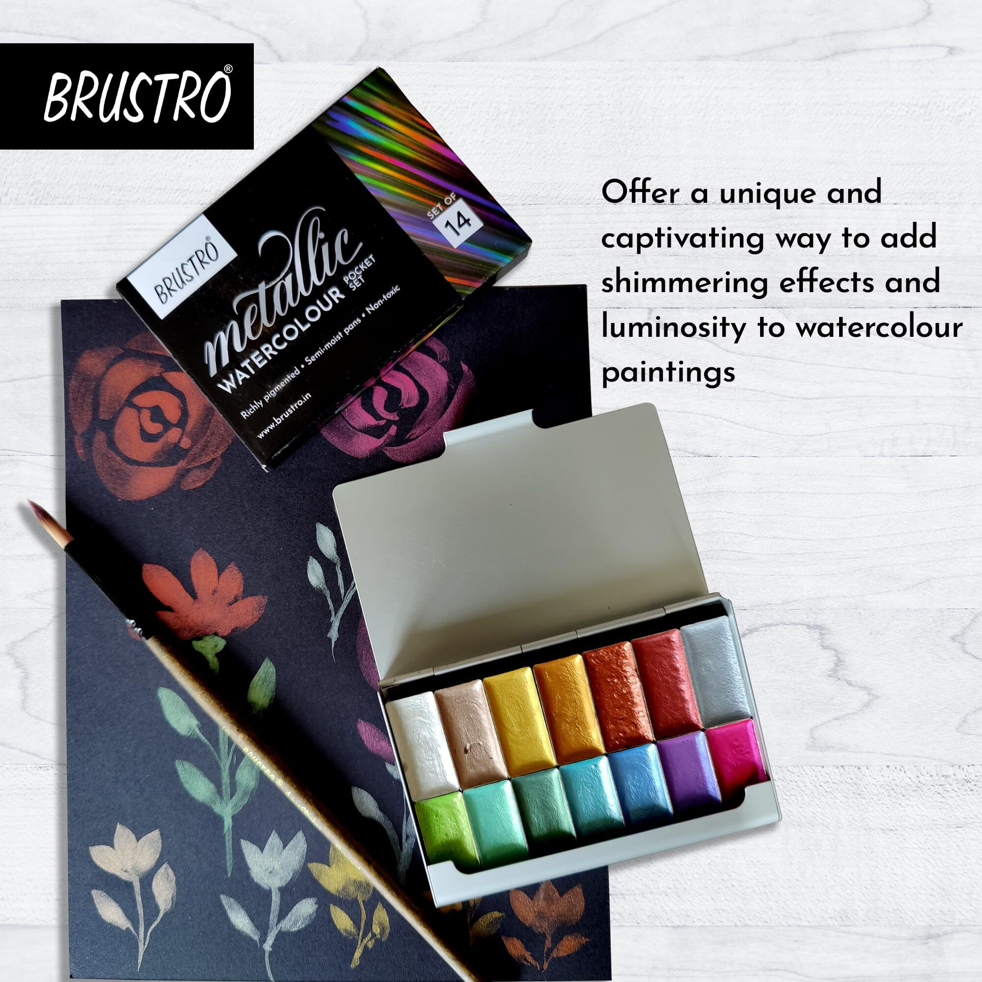 BRUSTRO Artists Metallic Watercolour Pocket Set of 14 Half Pans | Richly Pigmented, Semi Moist Pans, Ideal for Still life, Portrait, Landscape, Watercolour Paintings.