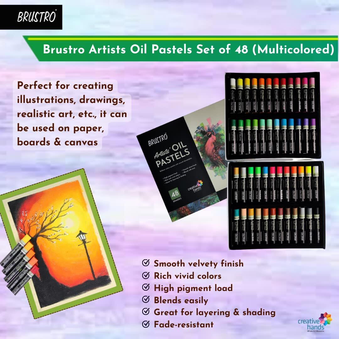 BRUSTRO Artists Oil Pastels | 48 Shades | Smooth, Multicolor, Intermixing, Bright and Intense Colours | Ideal for Students, Professionals, Non-Toxic, School.