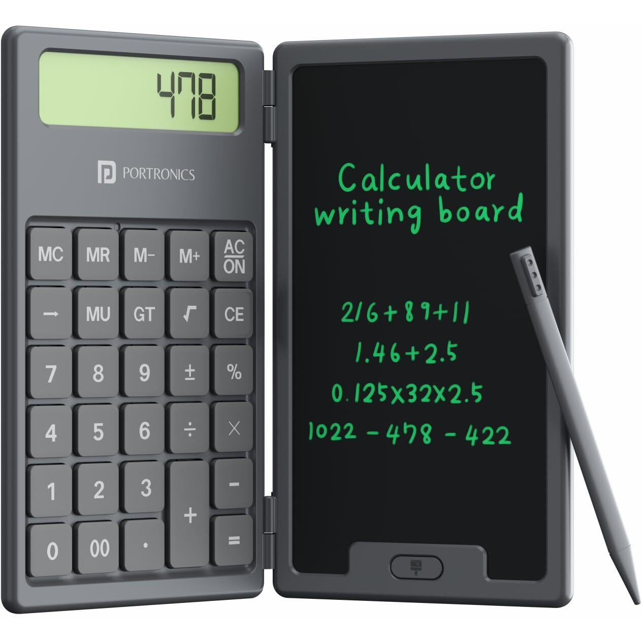 Portronics Ruffpad Calc 2-in-1 Calculator & LCD Writing Pad with 6.5 Inches Tablet, 12 Digits, Foldable Design, Stylus Pen for Students, Birthday Gift, Kids Toys, School, Office (Black)