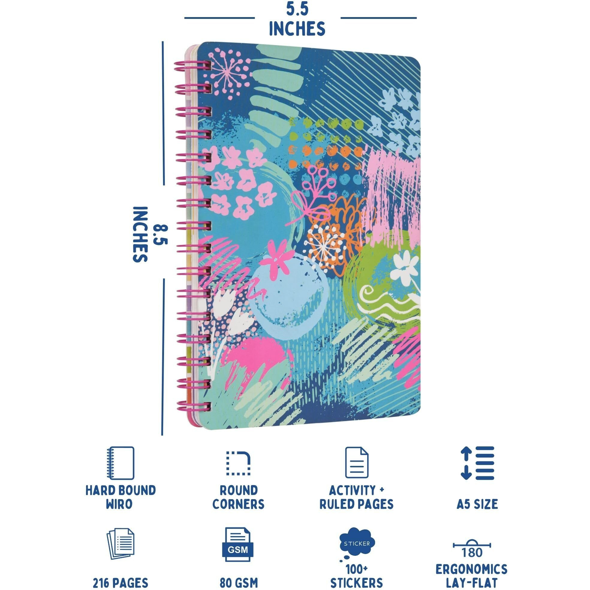 Doodle | The Happiness 2025 Wiro Bound Planner with Sticker Sheets | A5 | Hard Bound | Undated | Yearly, Monthly, Daily Planner Diary with Theme Based Activity Pages, Tear Away Note Cards & Quote Cards I To Do Lists I 216 Ruled Pages I 80 GSM (Impressionist)