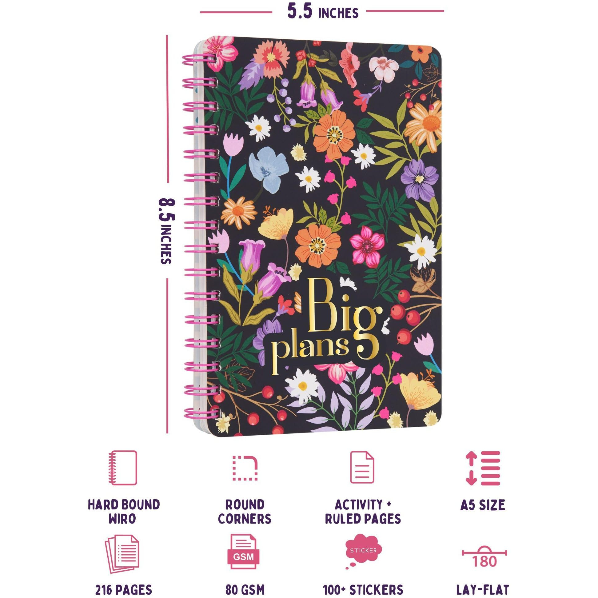 Doodle | The Happiness 2025 Wiro Bound Planner with 100+ Stickers | A5 | Hard Bound | Undated | Yearly, Monthly, Daily Planner Diary with Theme Based Activity Pages, Tear Away Note Cards & Quote Cards I To Do Lists I 216 Ruled Pages I 80 GSM (Plan Big)