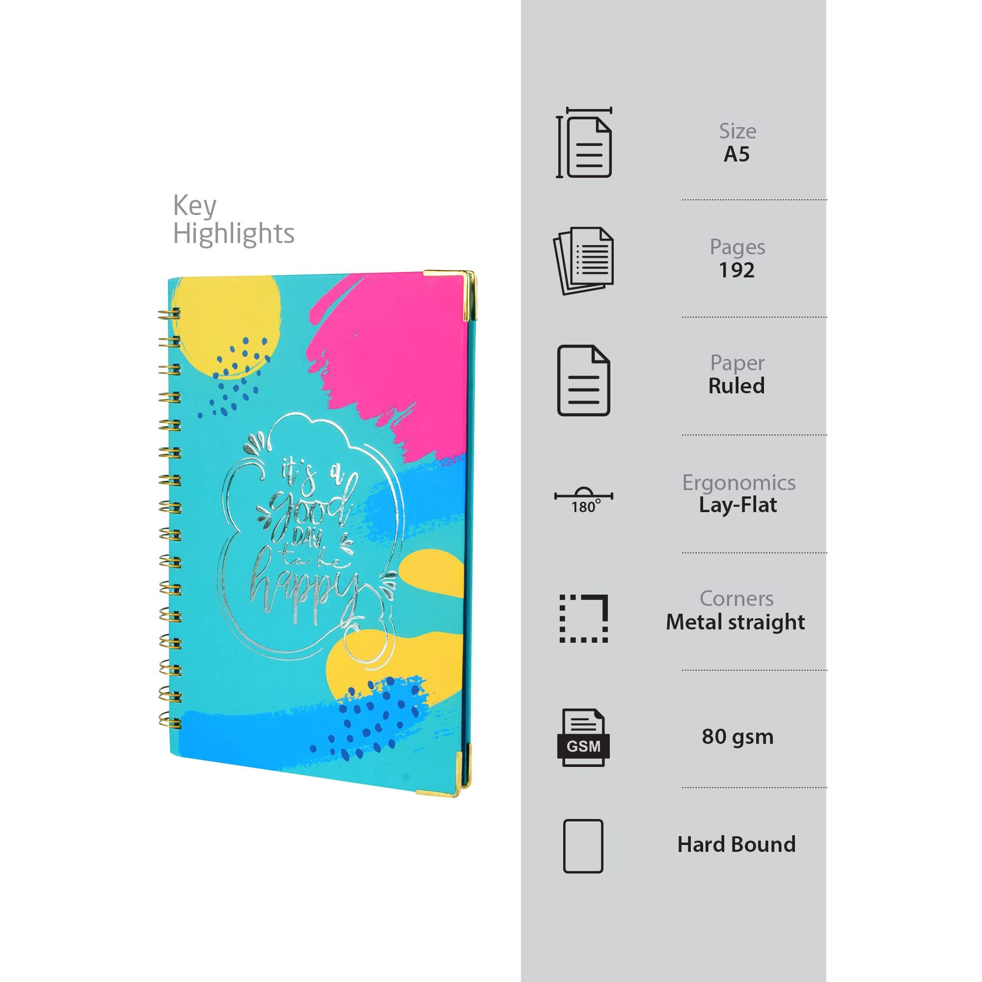 Doodle Undated Daily Planner I Weekly Planner I A5 I Hard Cover I Wiro I192 Ruled Pages I 80 GSM I Lay Flat Design I Metal Corners I Plan your day, To do List- Happy Day - Blue