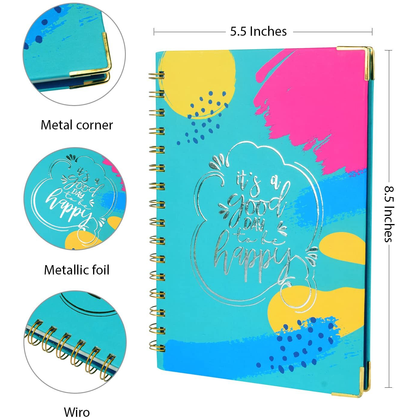 Doodle Undated Daily Planner I Weekly Planner I A5 I Hard Cover I Wiro I192 Ruled Pages I 80 GSM I Lay Flat Design I Metal Corners I Plan your day, To do List- Happy Day - Blue