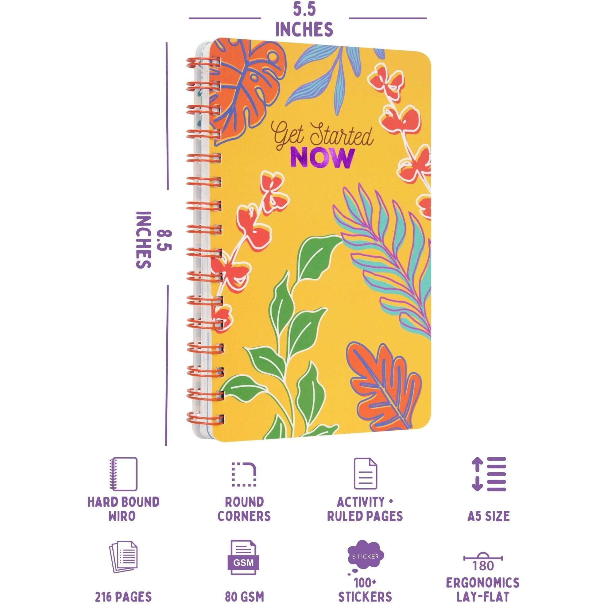 Doodle | The Happiness 2025 Wiro Bound Planner with 100+ Stickers | A5 | Hard Bound | Undated | Yearly, Monthly, Daily Planner Diary with Theme Based Activity Pages, Tear Away Note Cards & Quote Cards I To Do Lists I 216 Ruled Pages I 80 GSM (Get Started)